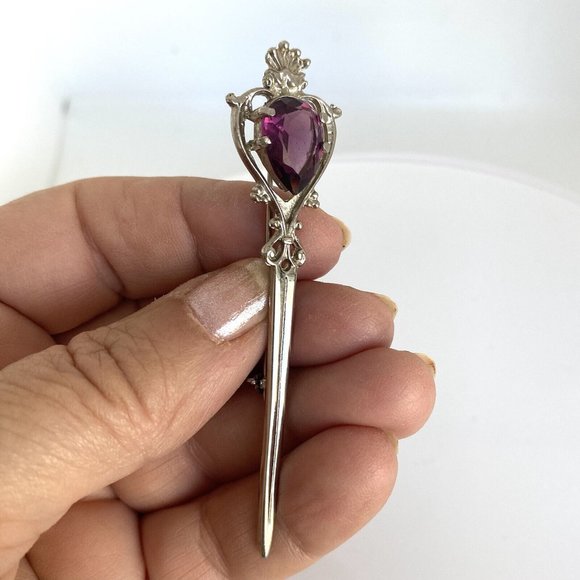 Scotland Silvertone Large Purple Stone Kilt Shawl Pin Sword Crown...143 - Picture 1 of 10